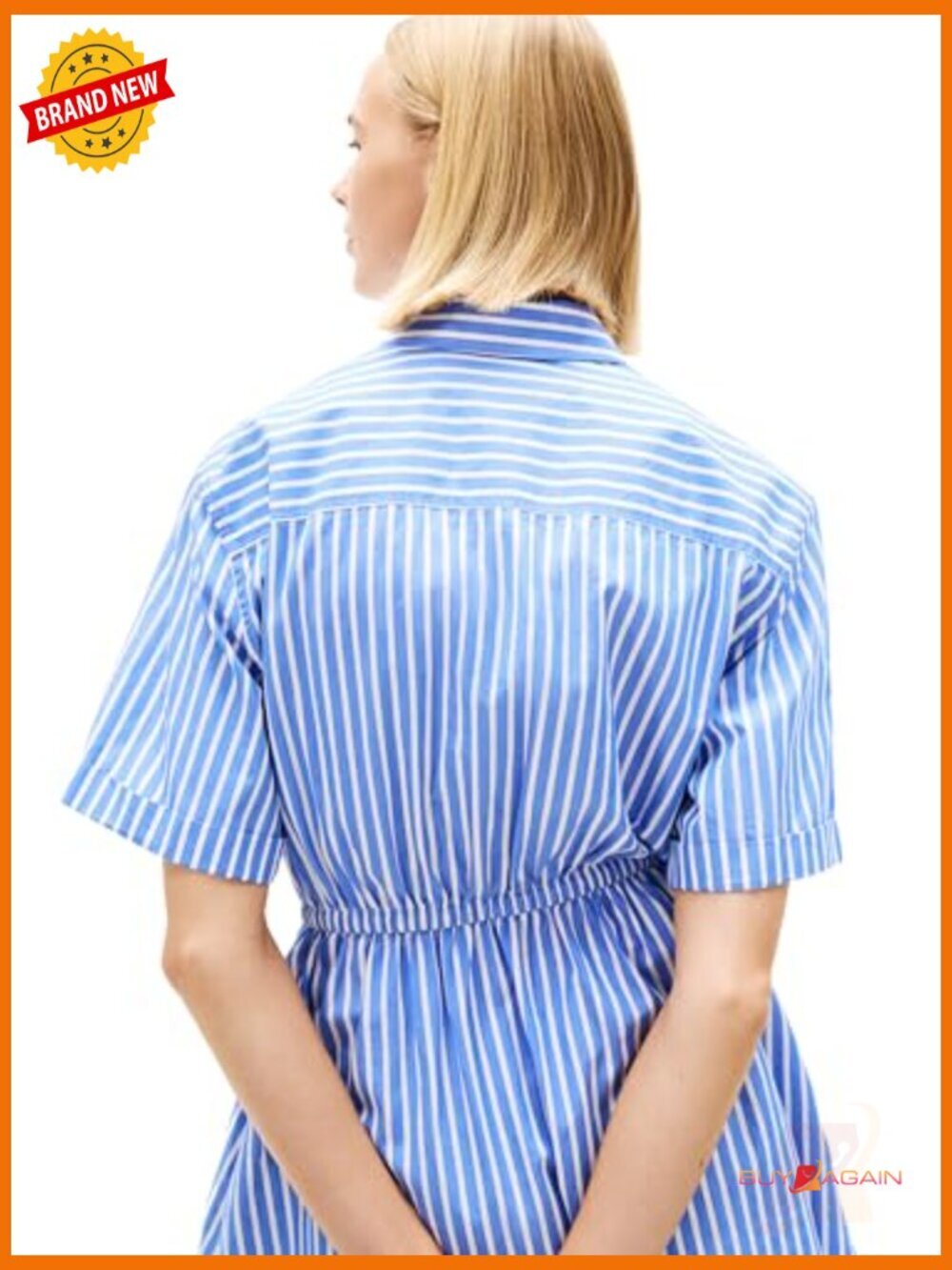 Mini Stripe Casual Shirt Dress A-line Cotton Poplin Blue - Picture 3 of 5